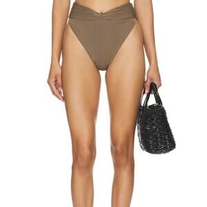 Tularosa Lexi High Waist Bikini Bottom Brown Black LARGE Ribbed Cheeky $88